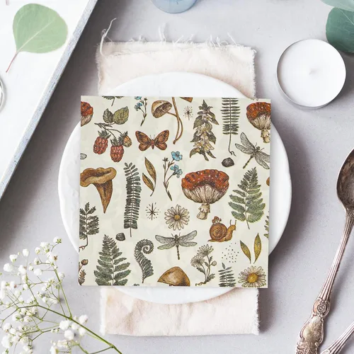 Vista 4 de AnyDesign 80 servilletas de papel de hongos vintage desechables con plantas de hongos, servilletas de almuerzo, estilo retro, postre, cena