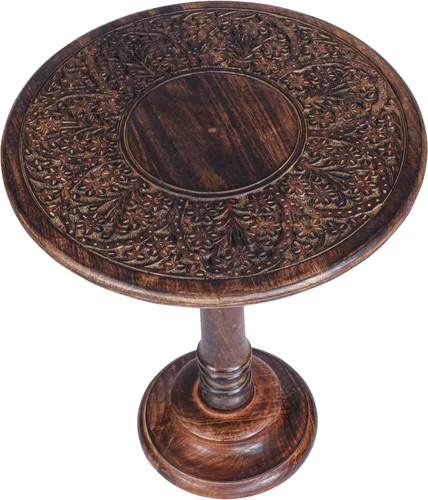 Vista 18 de Mesa auxiliar de madera de mango tallada a mano – Mesa auxiliar redonda de pedestal de 18 x 22 pulgadas para sala de estar, mesita de noche