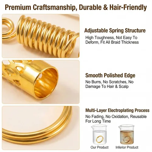 Vista 4 de 60 piezas de accesorios metálicos para el cabello de estilo surtido, anillos para puños, cuentas de bobina, botones de rastas, decoraciones