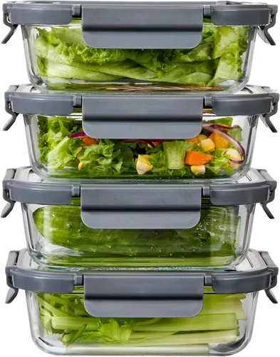 Vista 11 de Contenedores de vidrio para almacenamiento de alimentos con tapas de vidrio, paquete de 4 recipientes de preparación de comidas con tapas Gris