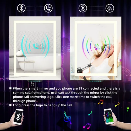 Vista 4 de Tech Drive Espejo de baño con luces LED, espejo de tocador de baño de 24 x 30 pulgadas con altavoces Bluetooth y llamada telefónica, control sin