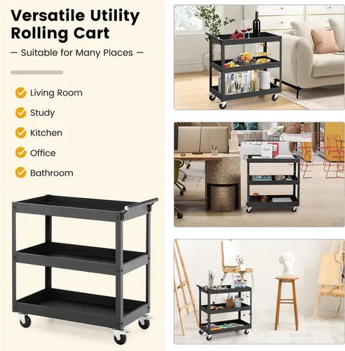Vista 6 de Goplus Carrito utilitario de 3 niveles, carrito de herramientas de servicio comercial resistente con ruedas bloqueables, capacidad de carga de 330