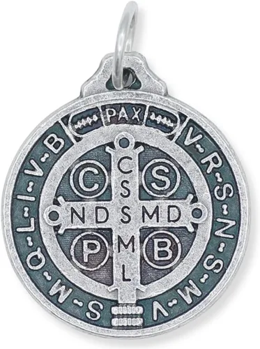 Vista 3 de Caritas et Fides Paquete a granel de 100 Medalla de San Benito Medalla redonda de plata oxidada de 34 pulgadas para collar, medallas para joyería