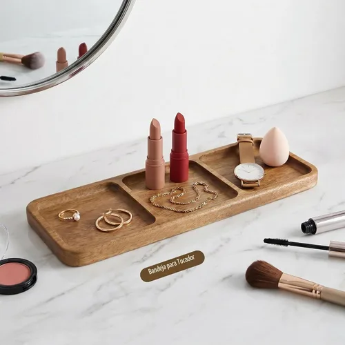 Vista 6 de Bandeja pequeña de madera Bandeja de madera de acacia para tocador, encimera de baño, mesa de café e inodoro Perfecto para joyas, llaves