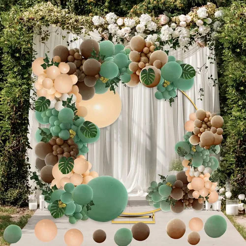 Vista 5 de PERPAOL 142 globos de color verde salvia y marrón y 143 globos rosa para bodas, fiestas, temática de princesa, cumpleaños, despedida de soltera