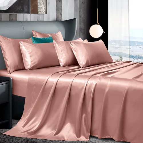 Vista 15 de Manyshofu Juego de sábanas de satén negro de 7 piezas, ropa de cama lujosa y suave de satén, 1 sábana bajera, 1 sábana encimera, 4 fundas
