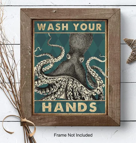 Vista 8 de Arte y decoración náutica de pulpo para pared de baño, divertida decoración de baño de playa, obra de arte de pared de baño, bonito póster