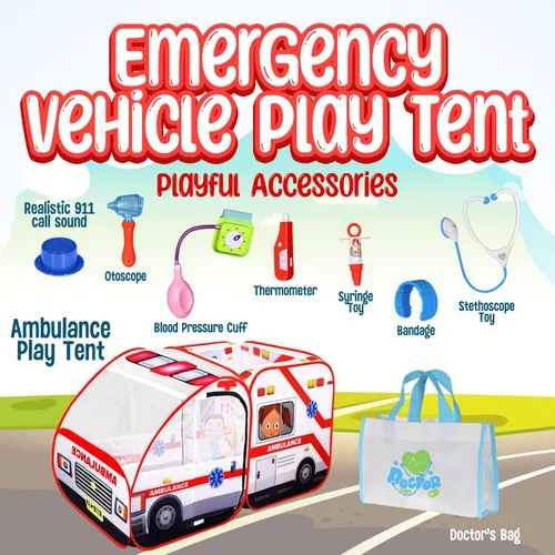 Vista 3 de Tienda de campaña desplegable de ambulancia para niños con sonidos, kit de médico y pozo de pelotas para niños pequeños y mayores, juguete