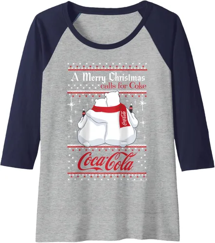 Vista 3 de Coca-Cola Camiseta de béisbol raglán Polar Bears A Merry Christmas Calls For Coca-Cola, Negro, S Jaspeado Negro/Atlético