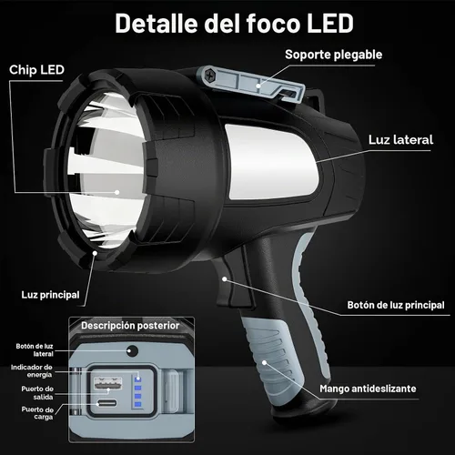 Vista 8 de Linterna de foco recargable, 99,000 lúmenes, proyector LED súper brillante con 6 modos y trípode plegable, potente luz puntual de 30 horas de larga