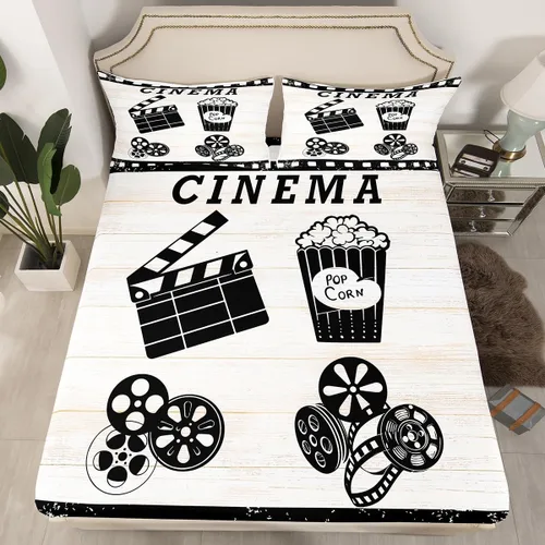 Vista 18 de Sábana bajera ajustable de cine tamaño individual, sábanas vintage para niños, niñas y adultos, juego de ropa de cama de palomitas de maíz