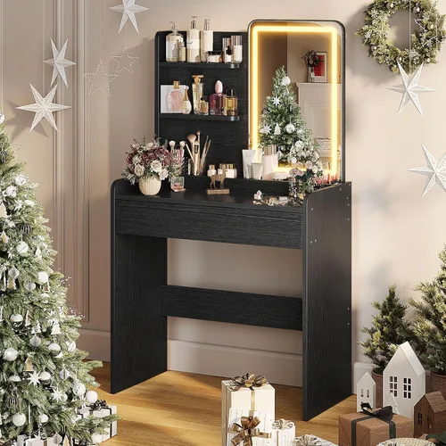 Vista 7 de Memobarco Escritorio pequeño con espejo y luces, tocador de maquillaje con cajón y estantes de almacenamiento, escritorio de tocador con 3 modos
