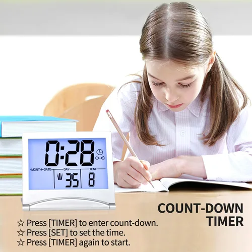 Vista 5 de Betus Reloj despertador digital de viaje con retroiluminación blanca, calendario plegable, temporizador de temperatura, reloj LCD con modo