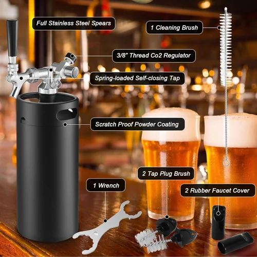 Vista 2 de Ferroday Growler de cerveza de acero inoxidable de 128oz 128oz, mini barril portátil de barril (negro)