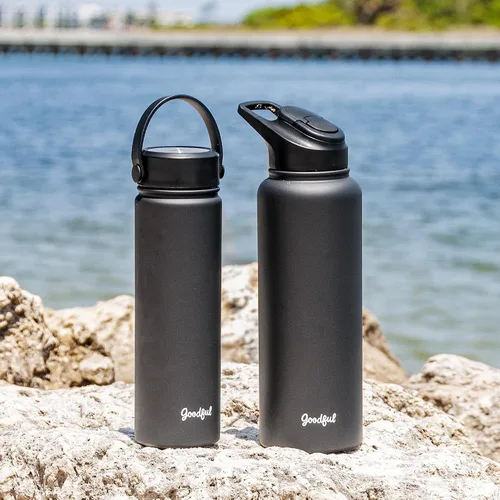 Vista 10 de Goodful Botella de agua de doble pared sellada al vacío, aislada con dos tapas intercambiables, tapas para beber o tragar, a prueba de fugas, boca
