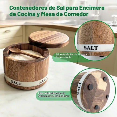 Vista 5 de ThougrLyh Bodega de sal, recipientes de sal de madera de acacia con tapa Caja de sal de madera de acacia