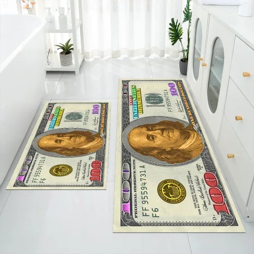 Vista 4 de GUBIYU Juego de 2 alfombras y tapetes de cocina color beige y dorado para billetes de 100 dólares, alfombra divertida y fresca para baño