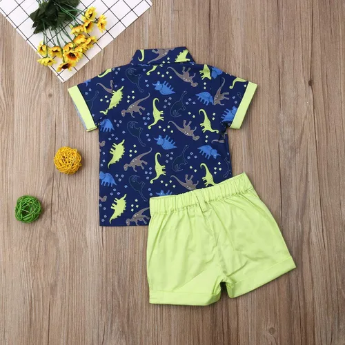Vista 105 de Conjunto de camisa de manga corta con botones y pantalones cortos casuales con diseño de flamingo, para bebés y niños de 1 a 6 años, atuendos