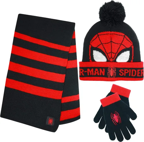 Vista 8 de Marvel Spider-Man Kids Winter Hat Snow Gloves and Scarf for Boys, 3 PC Set Rayas negras