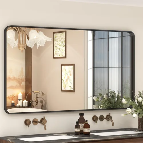 Vista 30 de Espejo rectangular para pared de baño de 20x30 pulgadas con marco negro mate, espejo de tocador con esquinas redondeadas, espejo de baño de metal