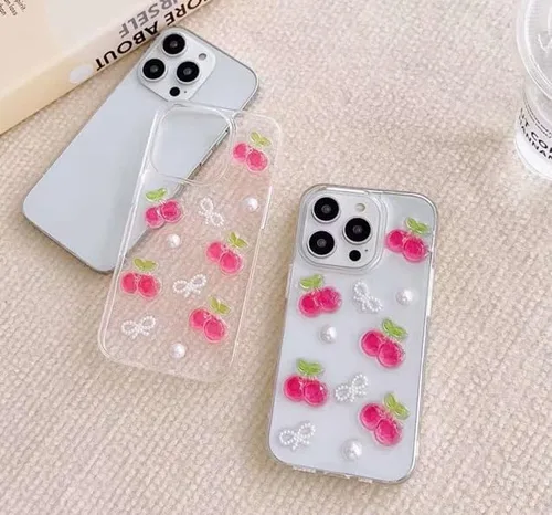 Vista 5 de Blingy's Funda para iPhone 14 Pro Max, bonito patrón de cerezas, estilo tropical, funda protectora transparente de TPU suave transparente de 6.7