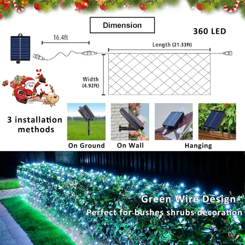 Vista 6 de Luces solares de red para exteriores, 360 luces LED USB de malla blanca fría para arbustos impermeables, 21 pies x 5 pies, 8 modos luces de cadena