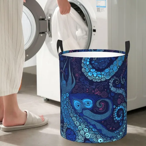Vista 7 de Cesta circular con estampado de pulpo azul, impermeable, cesta organizadora de lavandería, con asas, para ropa, juguetes, pequeña