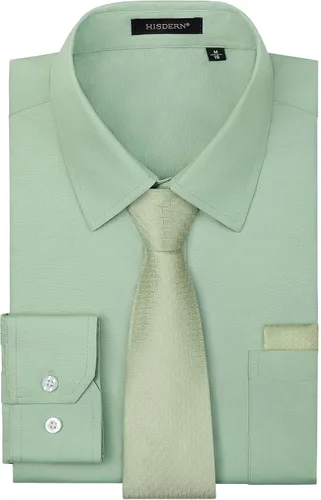 Vista 83 de HISDERN Mens Dress Shirt with Tie Pocket Square Set Classic Button Down Shirt Matching Tie Long Sleeve Shirts 08-verde