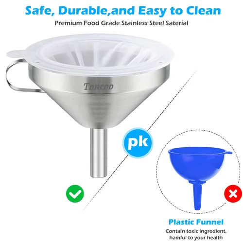 Vista 4 de Embudo de acero inoxidable de 5 pulgadas con colador y filtro de malla fina de 200, embudo de metal de grado alimenticio, filtro de aceite