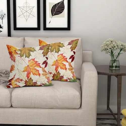 Vista 7 de Juego de 2 fundas de almohada de hojas de otoño, 18 x 18 pulgadas, juego de 2 fundas de almohada de lino y algodón cuadrado naranja claro