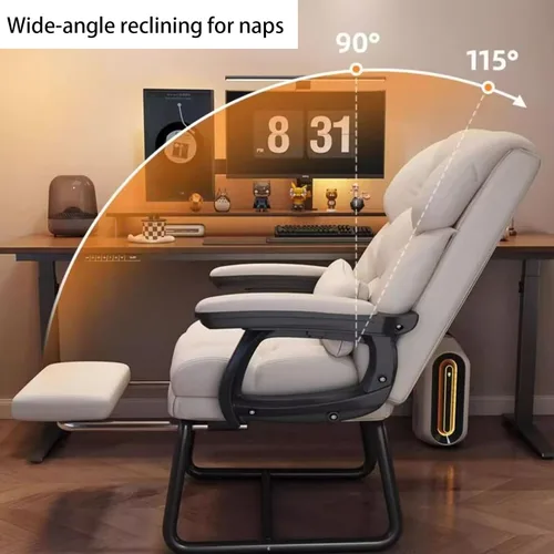 Vista 5 de Silla de oficina de piel sintética suave gruesa con almohada lumbar de espuma viscoelástica y reposapiés oculto. Puedes acostarte con un clic
