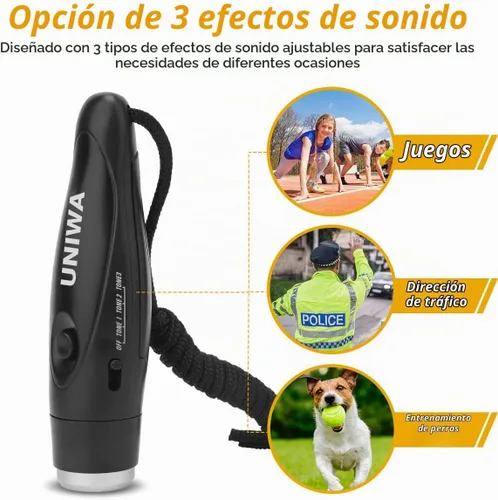 Vista 3 de UNIWA Silbatos electrónicos, 2 unidades de silbato de mano de 3 tonos de alto volumen con cordón para profesor, entrenador, árbitro, silbato