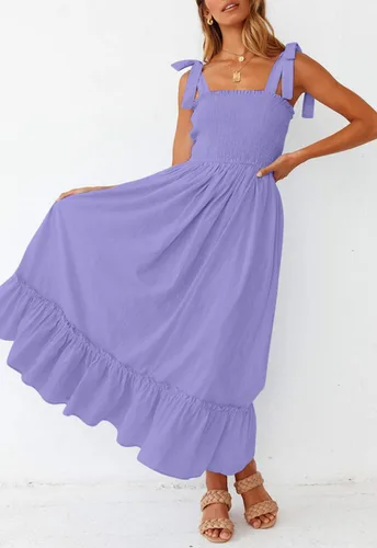 Vista 8 de ZESICA vestido bohemio y liso de verano para mujer, acampanado, con tirantes delgados, cuello cuadrado y volantes, vestido largo para la playa