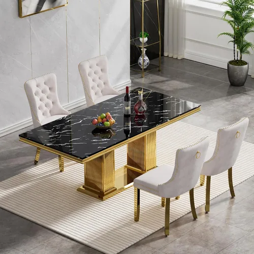 Vista 2 de Juego de mesa de comedor de 5 piezas para 4, mesa de cocina de mármol negro de 68 pulgadas con 4 sillas beige, mesa de comedor rectangular moderna