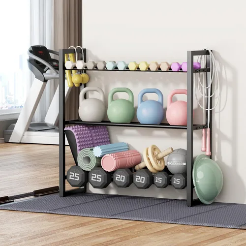 Vista 2 de Estante para mancuernas de 3 niveles, soporte de pesas para gimnasio en casa