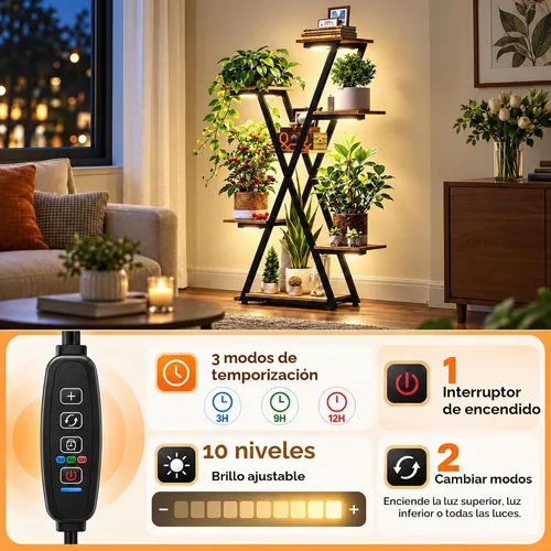 Vista 3 de Soporte para Plantas de Interior con Luces de Crecimiento: Gran Estante Vertical Iluminado de Metal de Múltiples Niveles - Con Temporizador