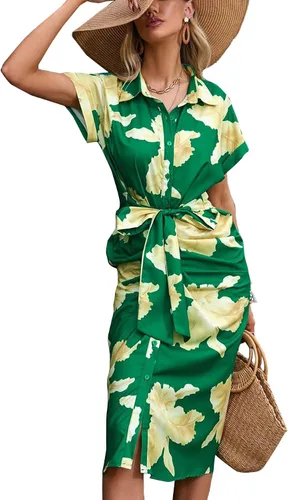Vista 4 de LYANER Vestido midi ajustado de manga corta con cuello y botones y estampado floral para mujer