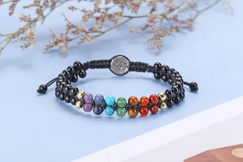 Vista 4 de GEHECRST Pulsera natural de cristal curativo de 7 chakras, cuentas redondas de reiki, pulsera elástica para mujeres y hombres, joyería de yoga