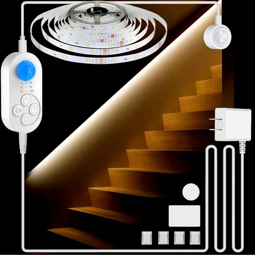 Vista 9 de Luces de Escalera con Doble Sensor para Interiores, Tira de Luz para Escalones Activada por Movimiento Enchufable para Interiores con Atenuador
