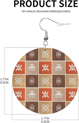Vista 4 de Aretes redondos de cuero, patrón étnico africano con símbolos Adinkra de piel sintética, aretes colgantes para mujeres y niñas, Cuero sintético, No