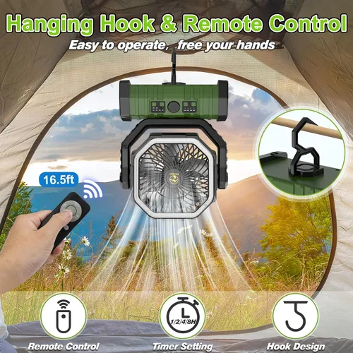 Vista 5 de Ventilador de campamento recargable de 20000 mAh, ventilador portátil oscilante automático para acampar con control remoto y linterna LED