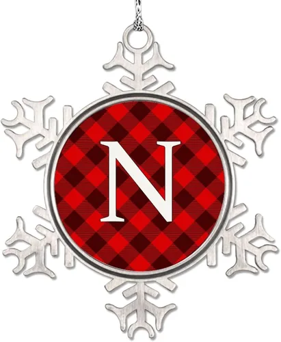 Vista 21 de Adorno de copo de nieve de letra A con inicial de copo de nieve, adorno de monograma a cuadros rojos para decoración de árbol de Navidad, adornos