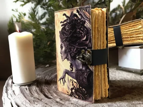 Vista 5 de Libro de hechizos en blanco de sombras con diario de cuero hecho a mano grimorio con 200 hechos a mano con papel de borde Deckle para regalos de 7 x