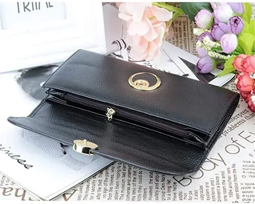 Vista 4 de Cartera de cuero con bloqueo para mujer, excelente tarjetero de cuero genuino para mujer
