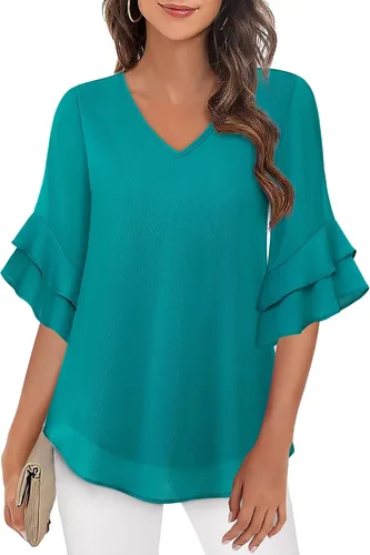 Vista 2 de VALOLIA Blusas de manga 34 para mujer, blusas elegantes y casuales de negocios de doble capa
