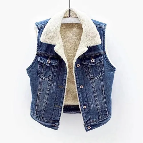 Vista 2 de bawilom Denim Vest for Women Winter Warm Fuzzy Sherpa Fleece Lined Jean Jacket Sleeveless Cowboy Coat Waistcoat Streetwear