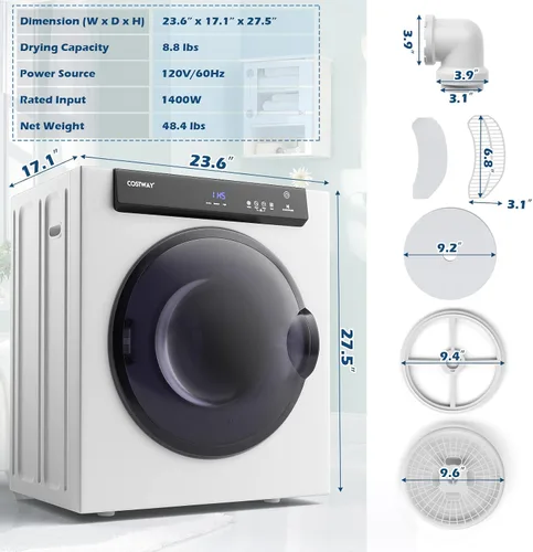 Vista 7 de COSTWAY Secadora portátil compacta, con panel táctil, 2 modos, 3 potencias de calefacción y ventilación de escape ajustable, secadora de ropa