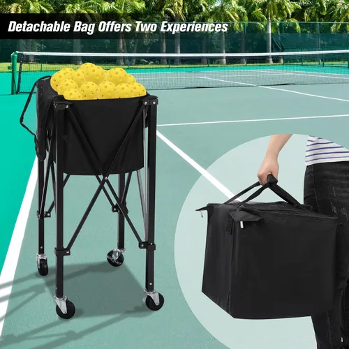 Vista 4 de Tolva portátil para pelotas de tenis con capacidad para 200 bolas, carrito de canasta de pelota de tenis con 4 ruedas y frenos, bolsa de tela Oxford