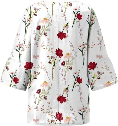 Vista 4 de Blusas para mujer, estilo casual, manga 34, algodón, lino, vintage, estampado floral, cuello redondo, ajuste holgado