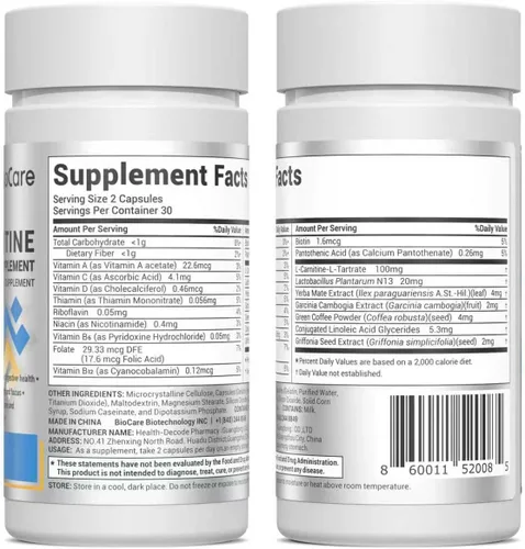 Vista 8 de DrBioCare Suplemento de probióticos de L-carnitina, contiene L-carnitina, probióticos, café verde en polvo, extracto de yerha mate, extracto